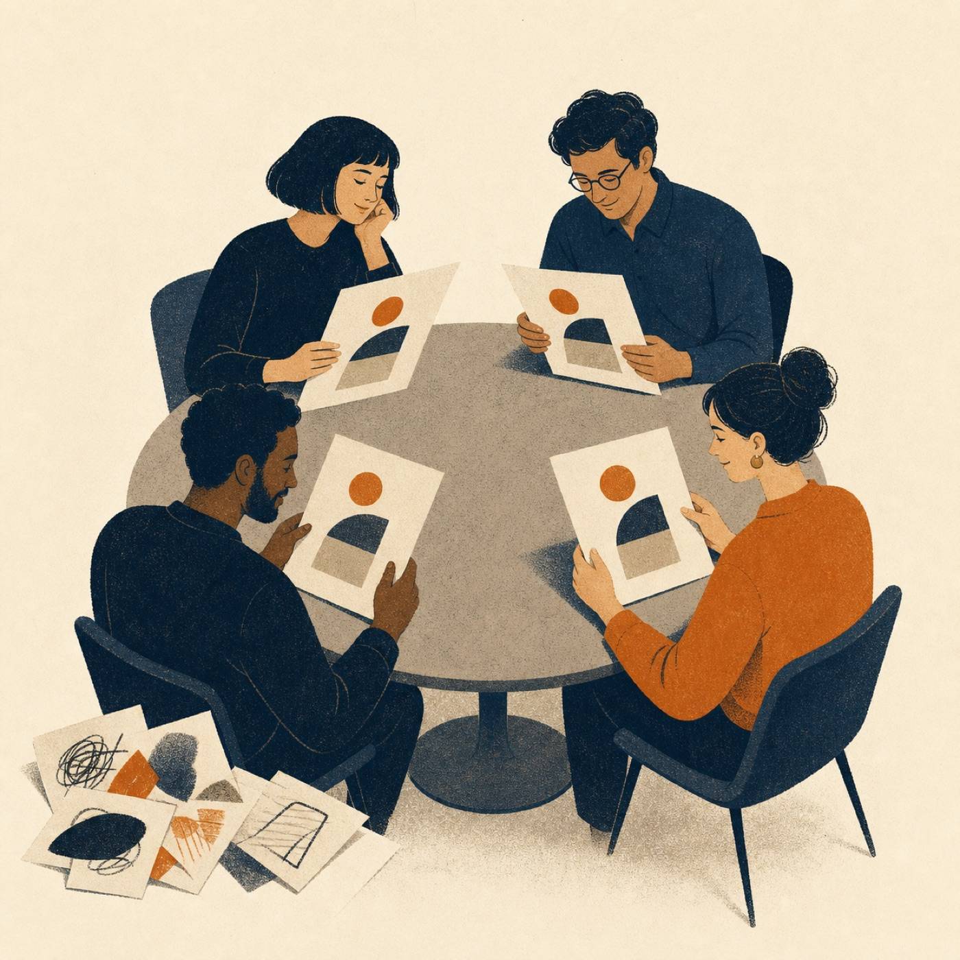 Four people compare polished but nearly identical ideas while different sketches sit unused nearby.