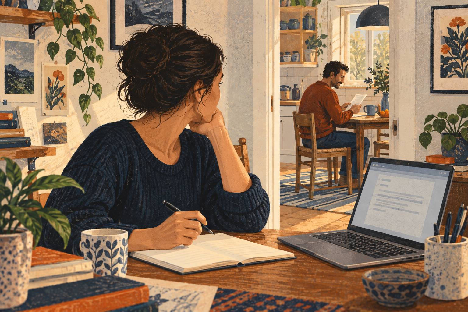 A woman writes a personal message beside her laptop, with the recipient visible in the adjoining room.