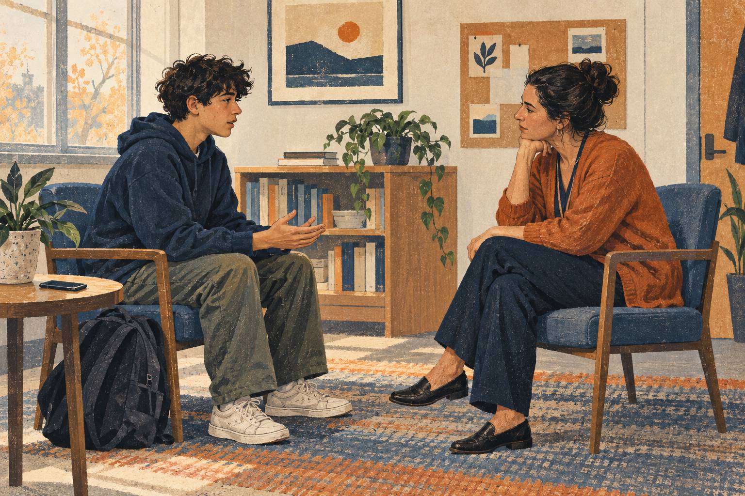 A teenager talks with a school counselor at equal eye level, with a phone set aside.