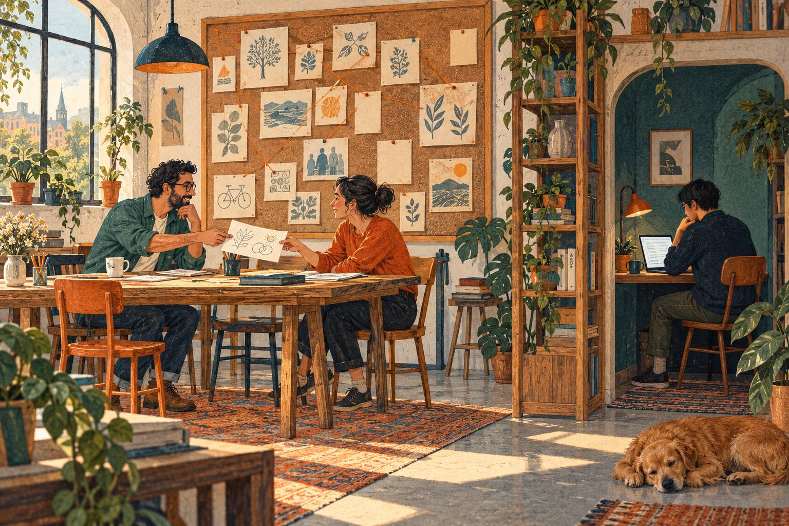 A shared workroom with people exchanging illustrated notes, while one person consults a private screen.