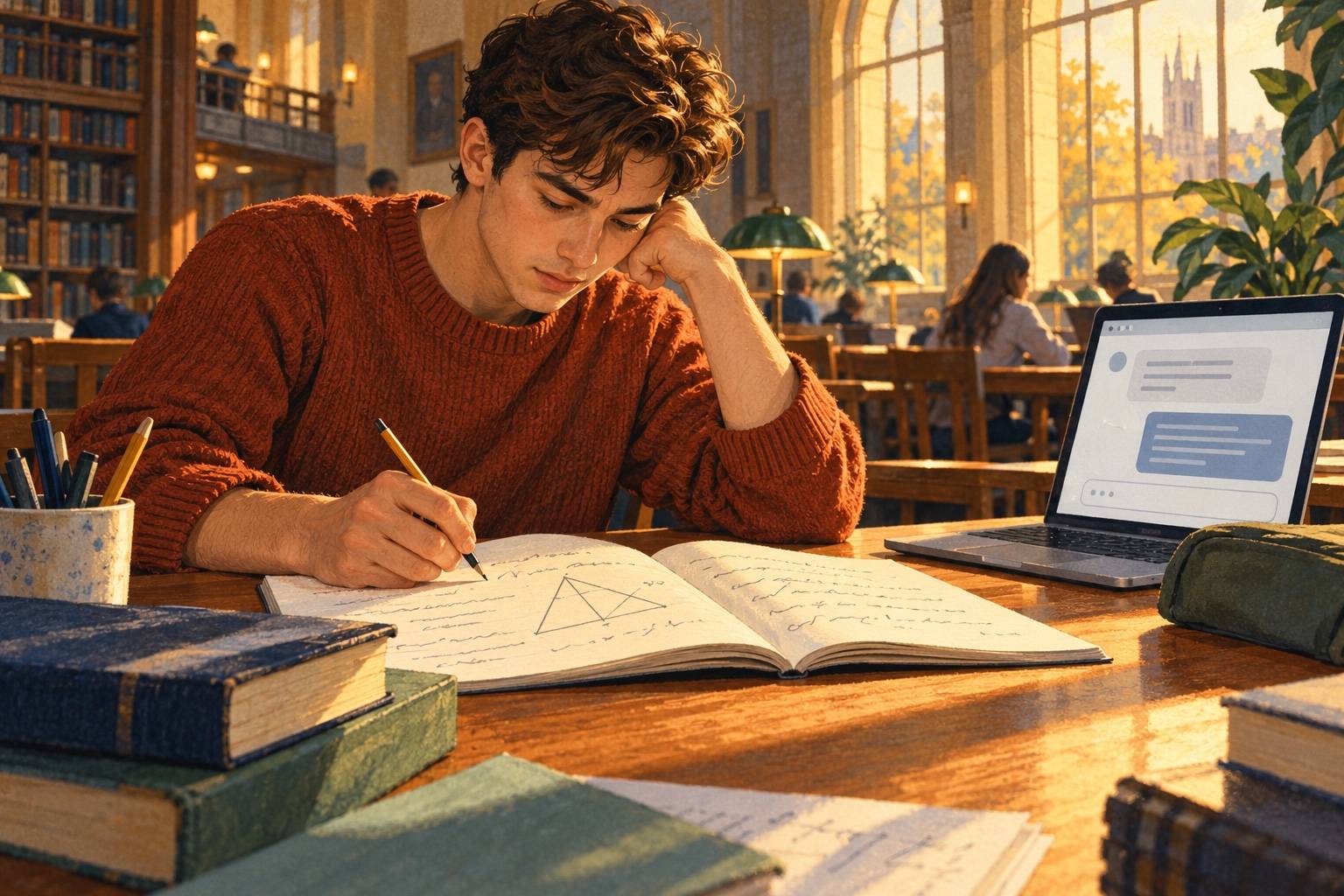 A student works on a mathematical proof with an AI chat open beside him.