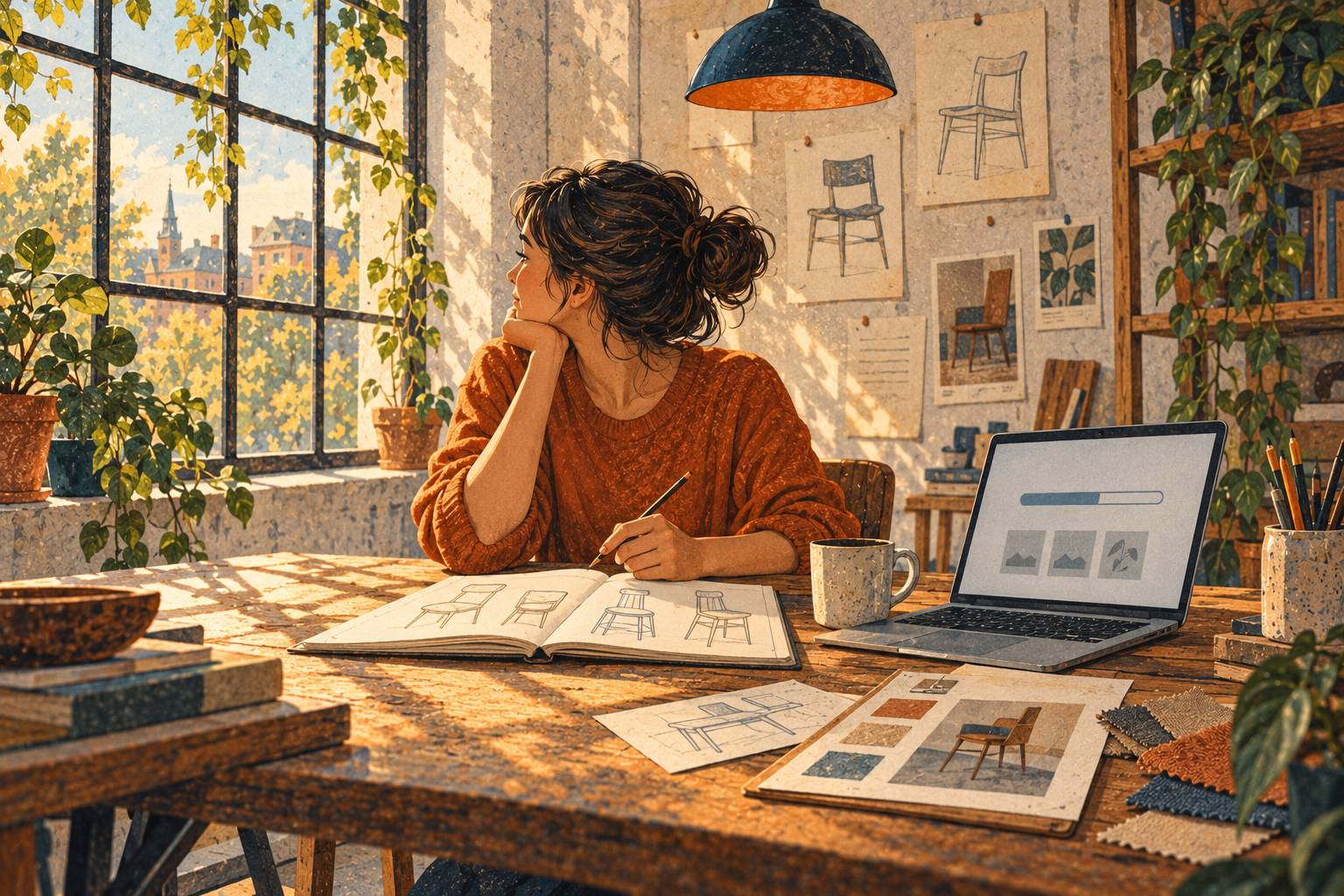 A designer looks toward the window with an open sketchbook while an image generator works.