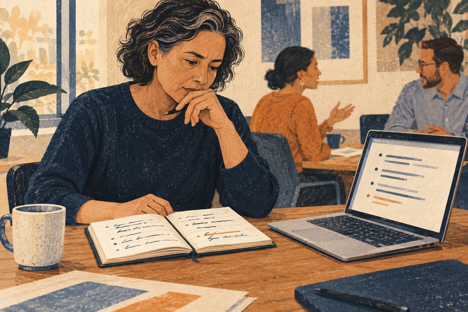 A woman compares a meeting recap with her own notebook.