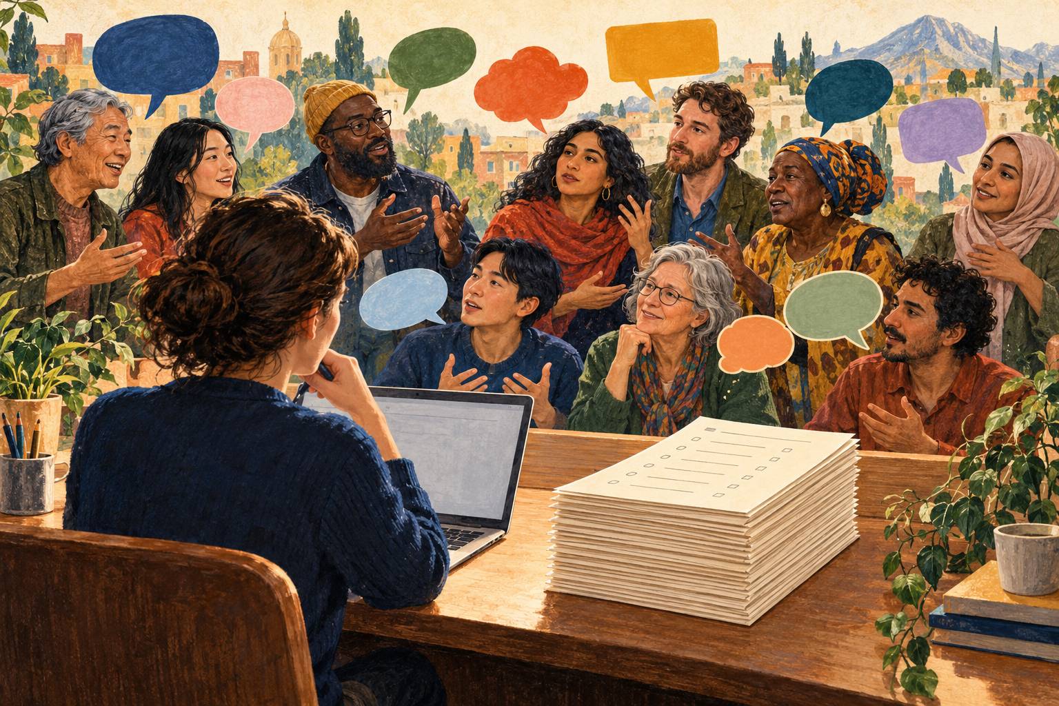 A researcher compares uniform computer responses with the varied voices of people beyond the screen.
