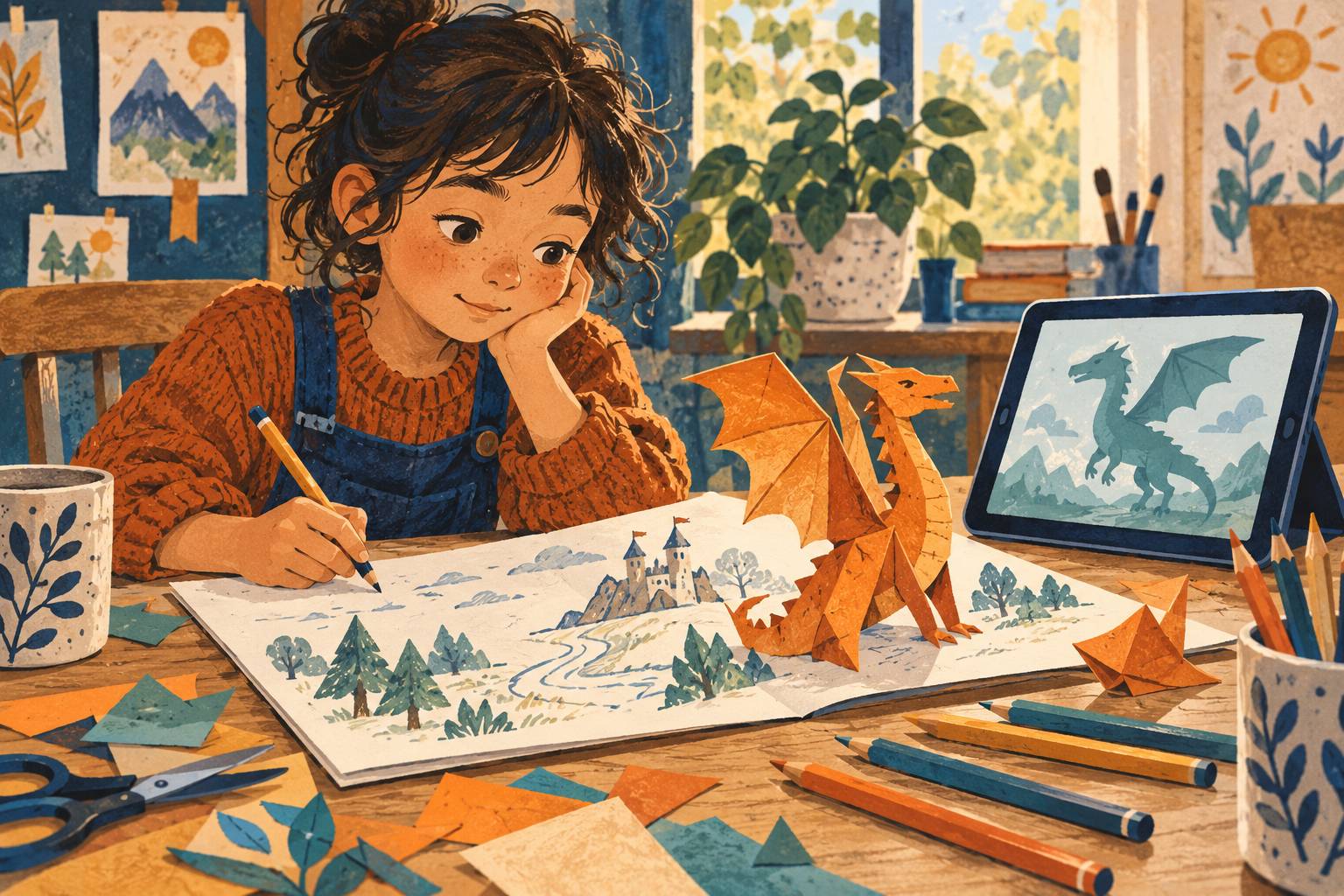 A child works on an imaginative story beside a tablet, with a paper dragon and colored pencils on the desk.