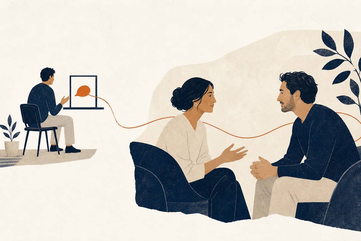 A person carries a practiced response from a screen into a human conversation.