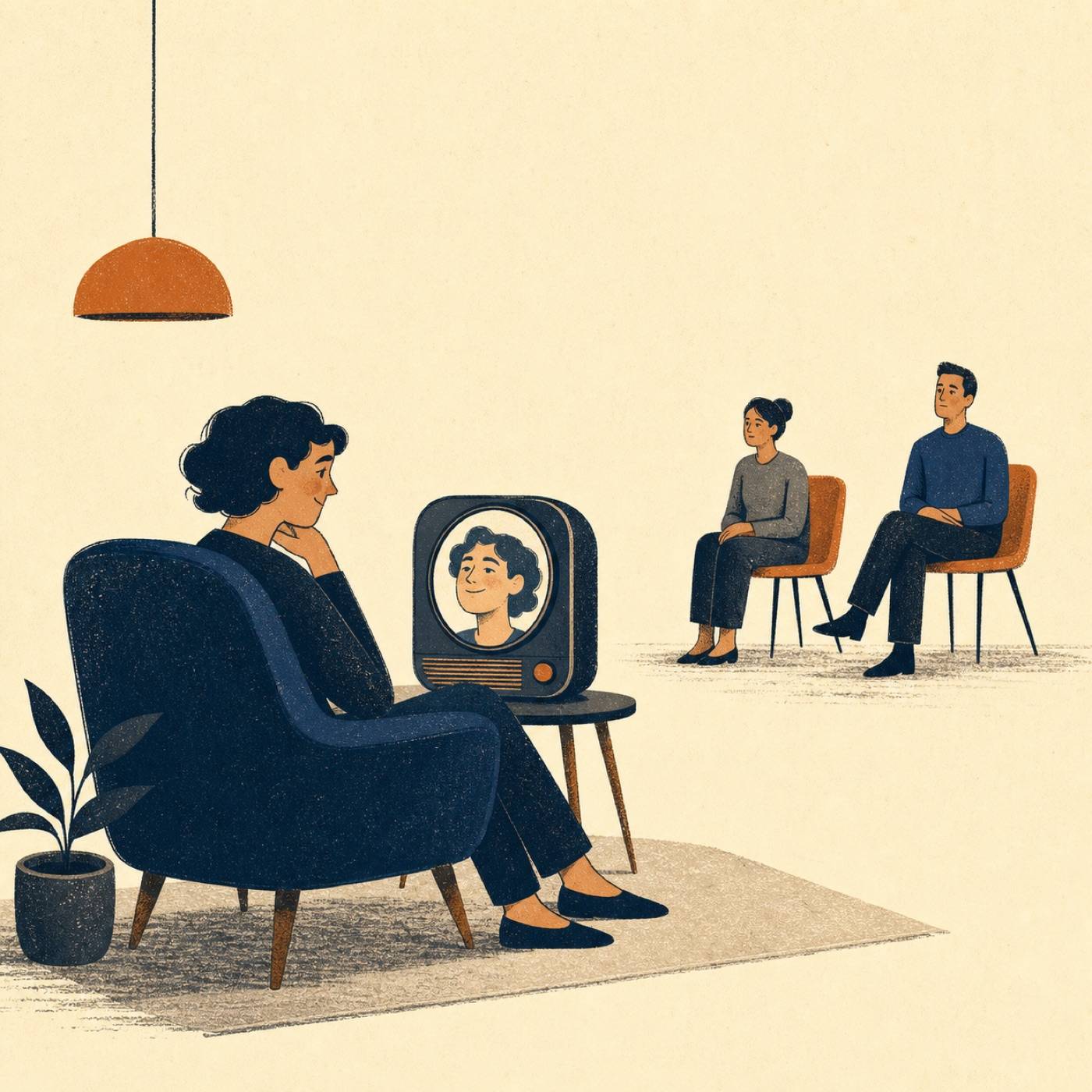 A person chooses an easy flattering machine conversation while two people wait across the room.