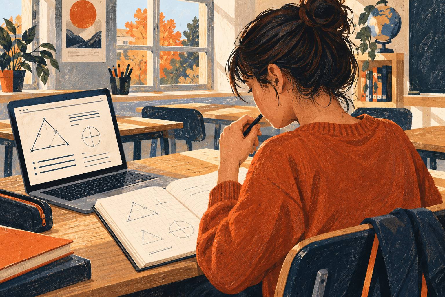 Conceptual illustration of a student thinking over a paper exercise beside a laptop showing completed work.