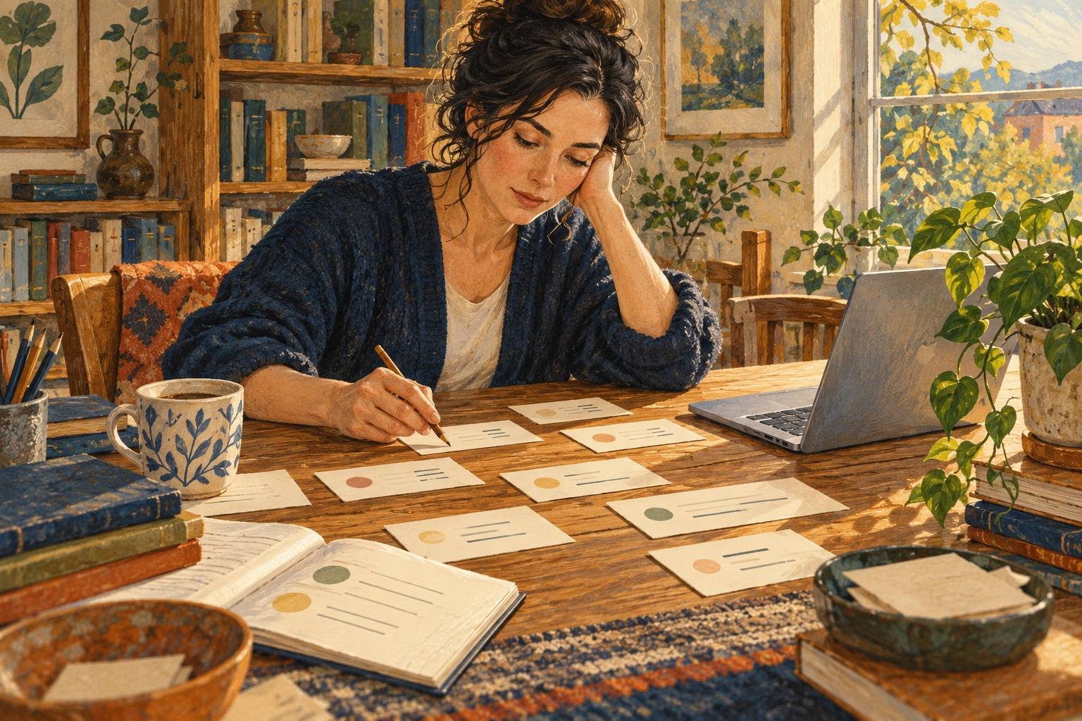 A woman arranges her writing ideas on paper cards beside a laptop.