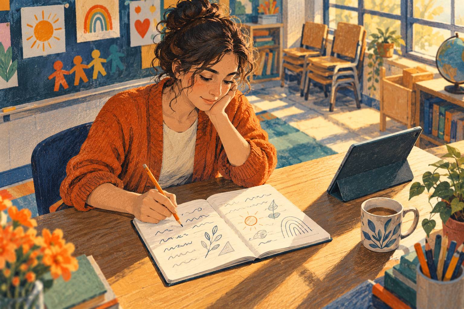 A teacher writes a decision in a notebook before consulting a tablet in a sunlit classroom.
