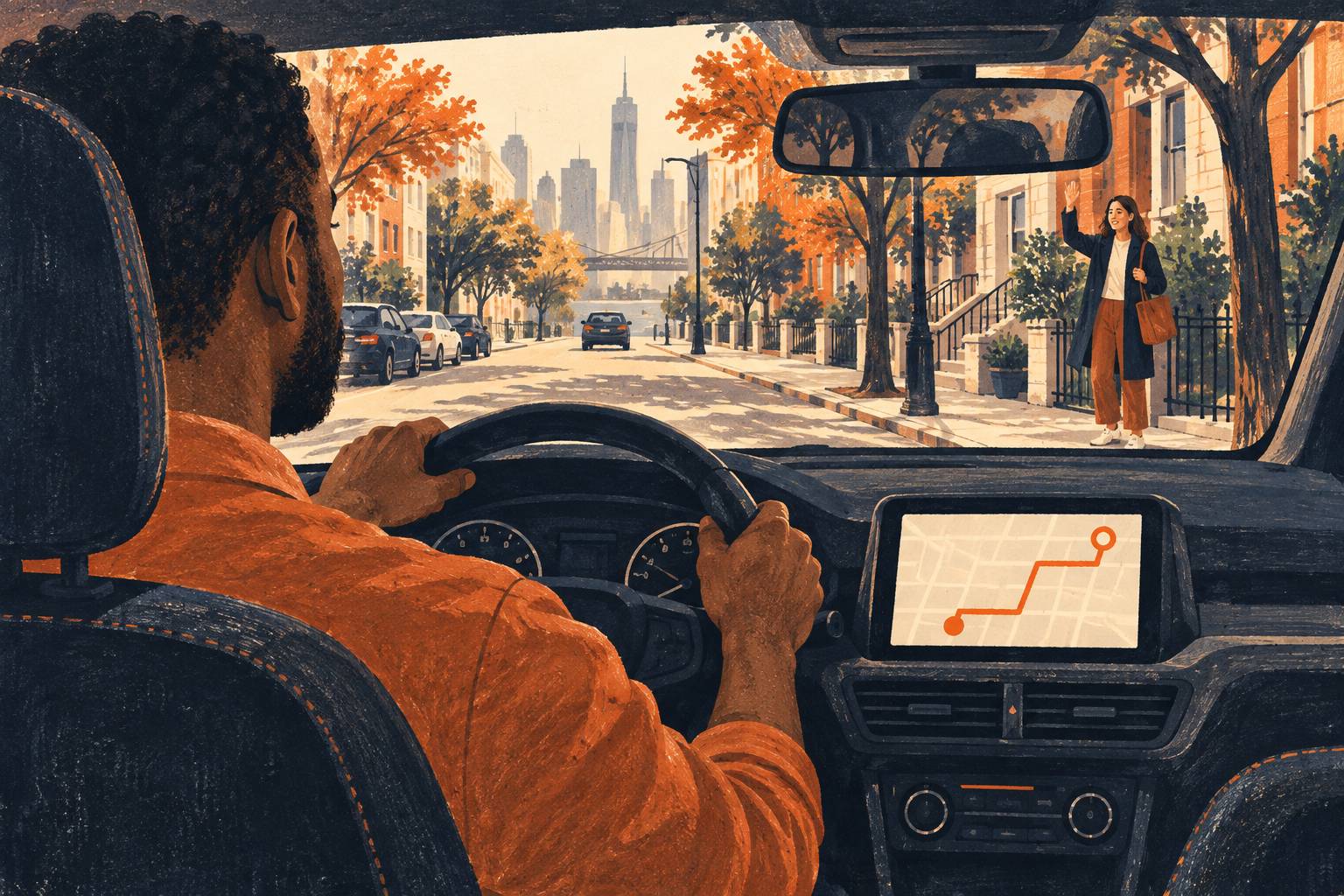 Conceptual illustration of a driver using dashboard navigation while approaching a waiting passenger.