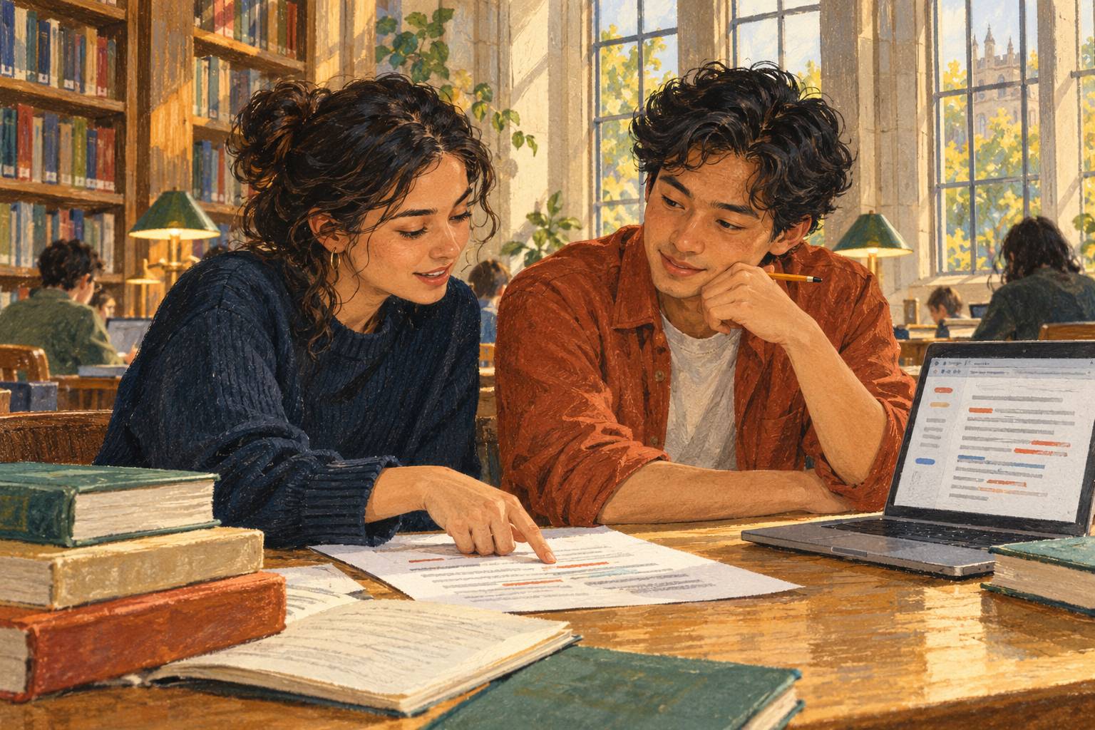 Two adult classmates discuss a printed draft together while a laptop sits to one side.