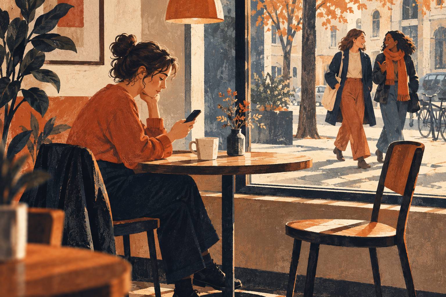 Conceptual illustration of a person with a phone at a cafe table, an empty chair nearby, and friends talking outside.