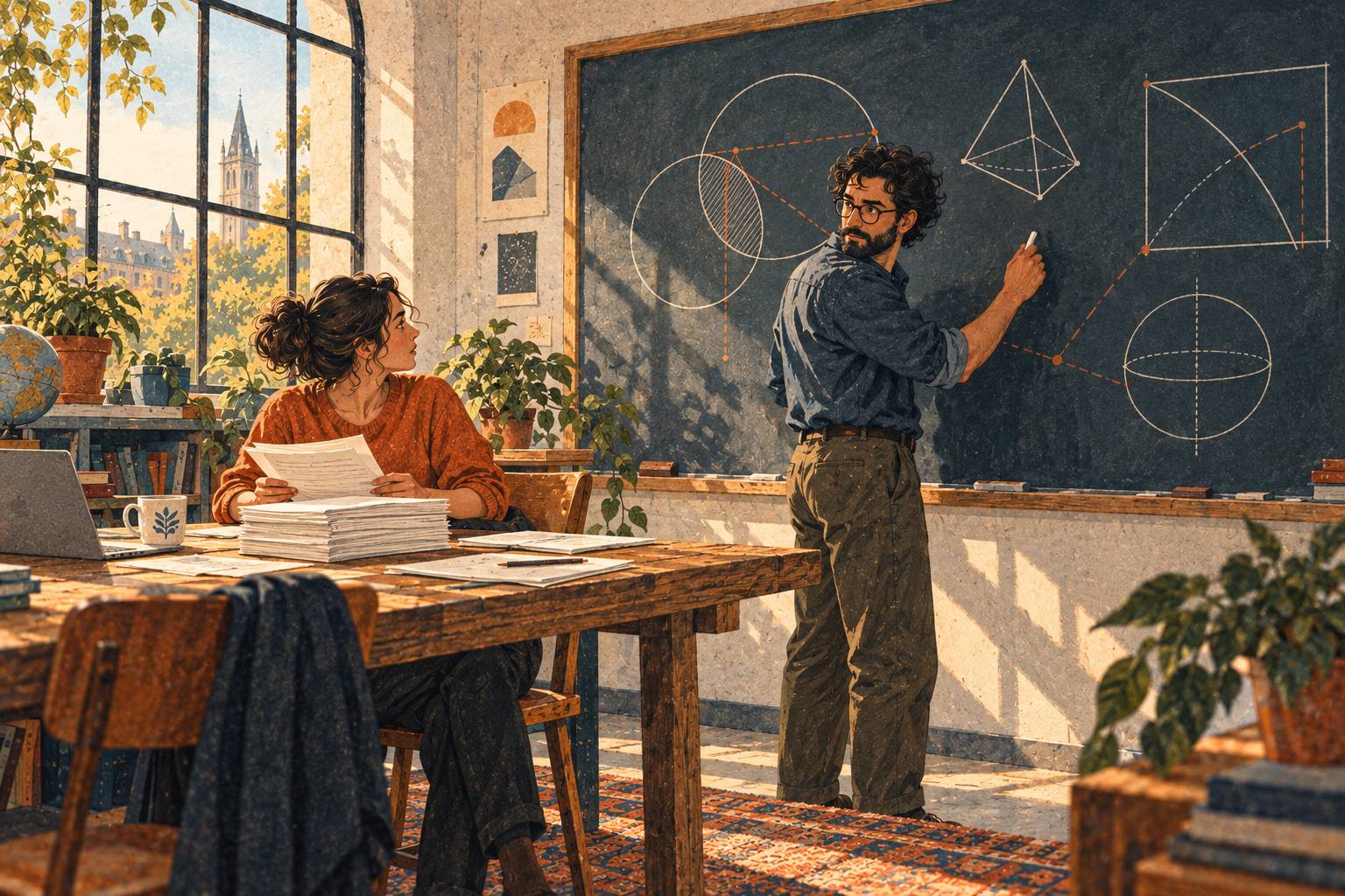 Two mathematicians considering a stack of papers beside their shared chalkboard.