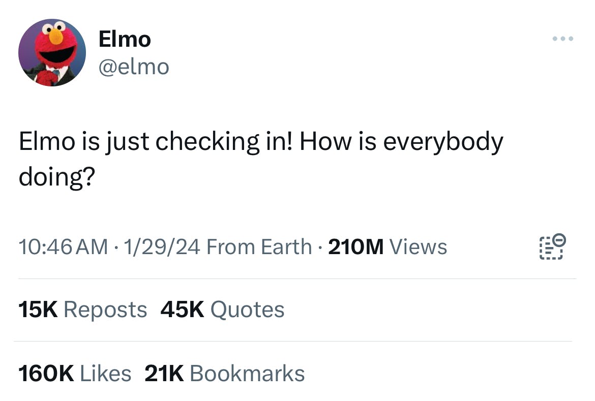elmo tweet: how is everybody doing?