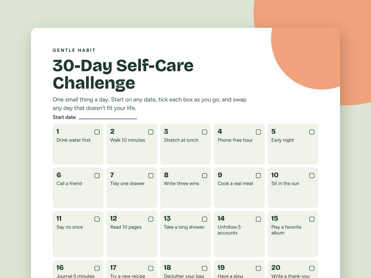 Preview of the 30-day self-care tracker