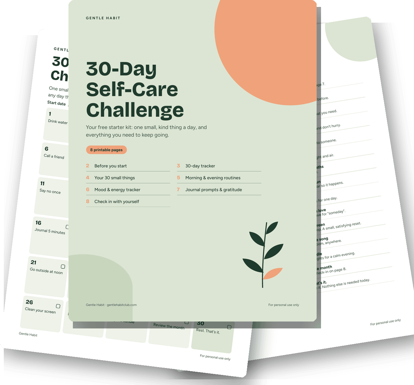 The 30-Day Self-Care Challenge cover with two printed pages behind it