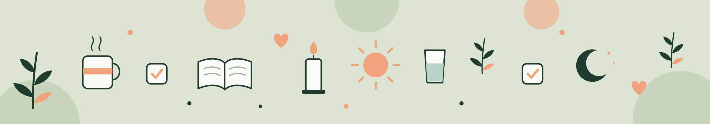 A row of calm self-care illustrations: a mug of tea, a candle, a book, the sun and the moon