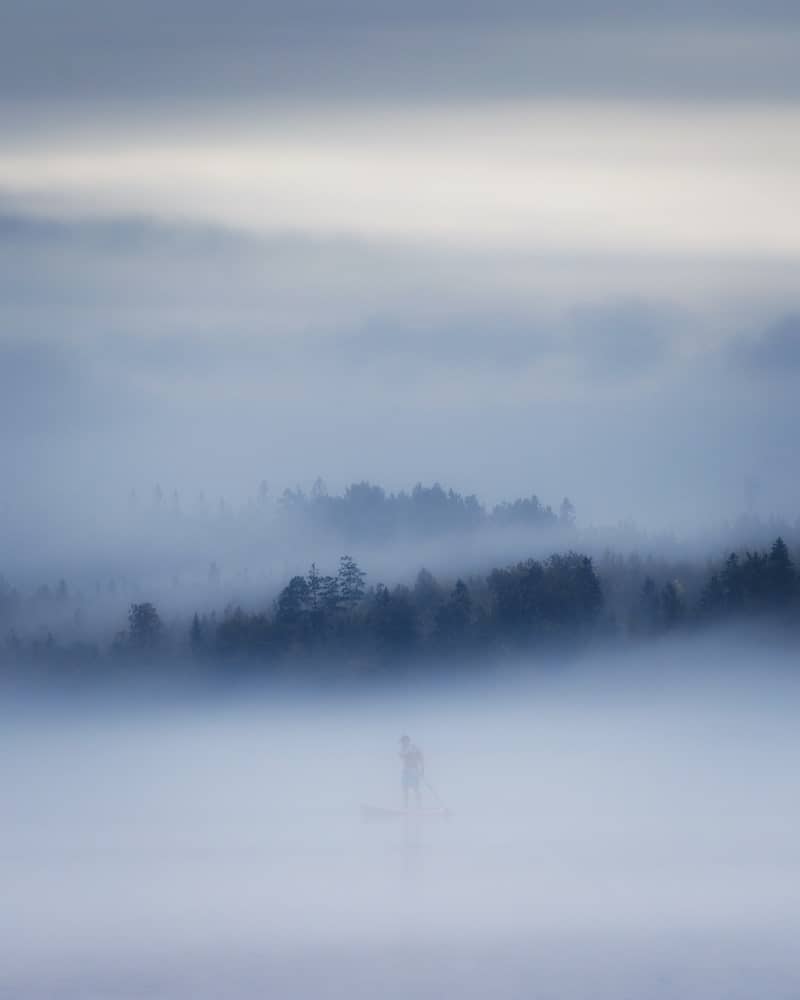 a person standing in the middle of a foggy field