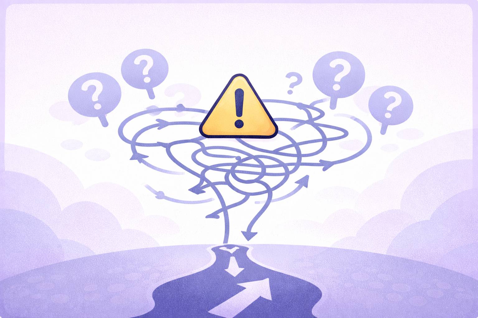 A path with arrows with swirls and questions and a warning triangle.