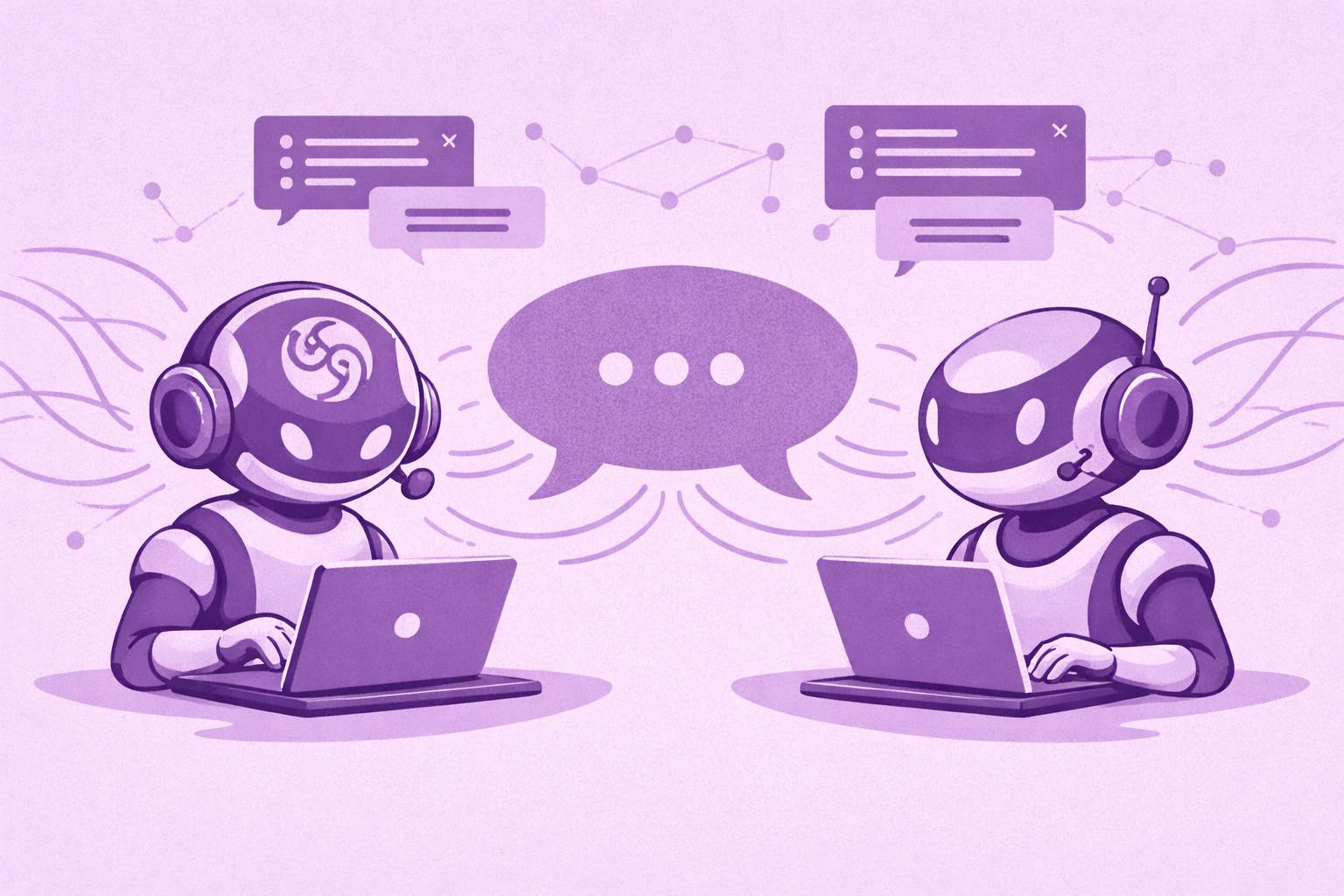 two robots are computers with a speech bubble between them