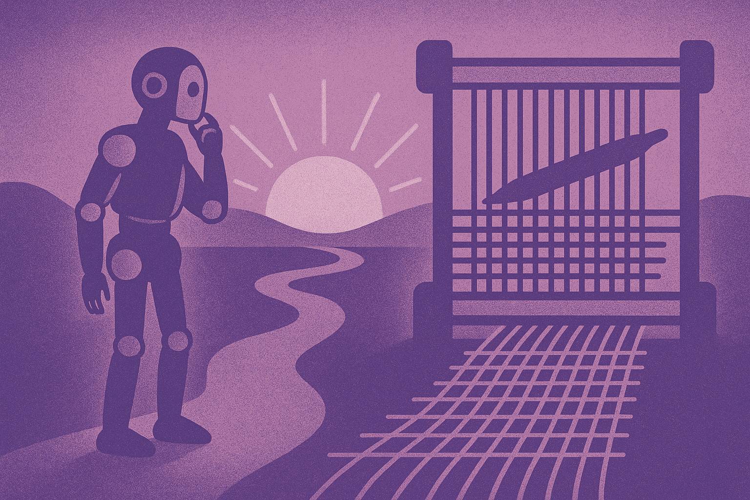 A robot questioning a loom with a sunrise in the background
