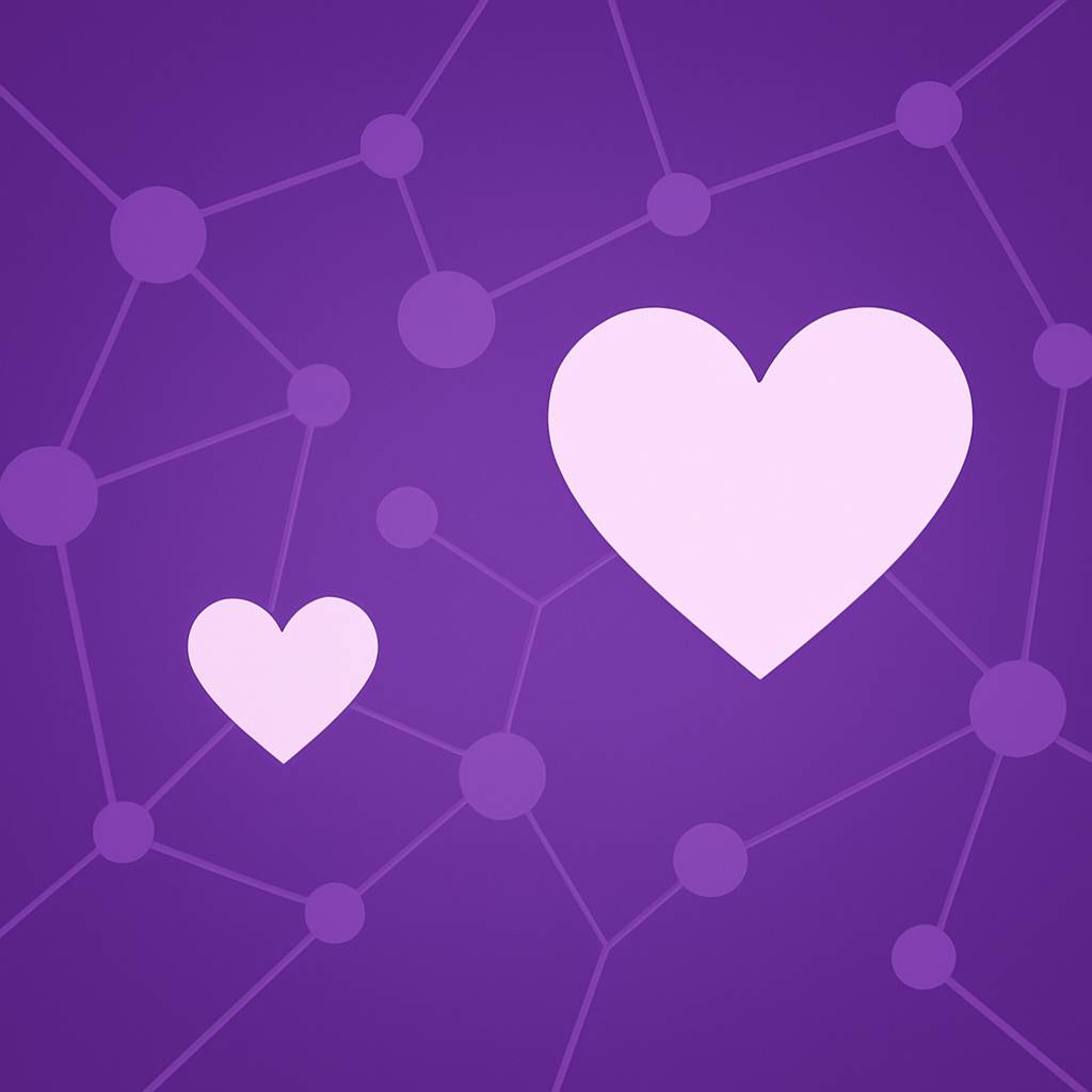 hearts on a purple background with a network behind them