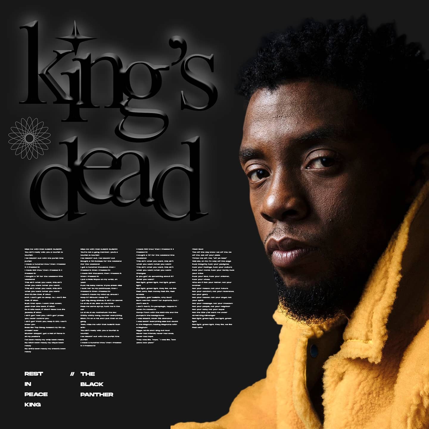 rest in peace king 🙏
-
took me a minute to get back to creating after what happened, I'm doing relatively way better. thankful for all the kindest people in my life. i knew for sure that the first piece i create had to be for chadwick - a true hero. a huge loss. all hail king black panther. wakanda forever.
-
are there any songs in your playlist (preferably hip hop) that have the power to hype you up so hard that you feel better? pls tell me the names of those songs in the comments. love y'all. ✨
.
.
.
#musiccover #albumdesign #kingsdead #jayrock #kendricklamar #future #jamesblake #coverdesign #album #music #hiphop #hiphopdesign #rap #rapmusic #blackpanther #worldstarhiphop #ripking #worldstar #artwork #coverart #musicoftheday #rapsongoftheday #instavinyl #vinyligclub #recordsong #digitalartist @kendricklamar @future @chadwickboseman @blackpanther