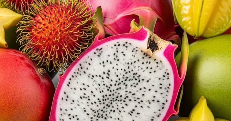 A close-up of various colorful, exotic fruits.