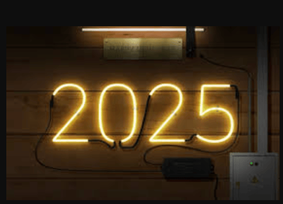 A neon light sculpture of 2025 illuminates a dark room