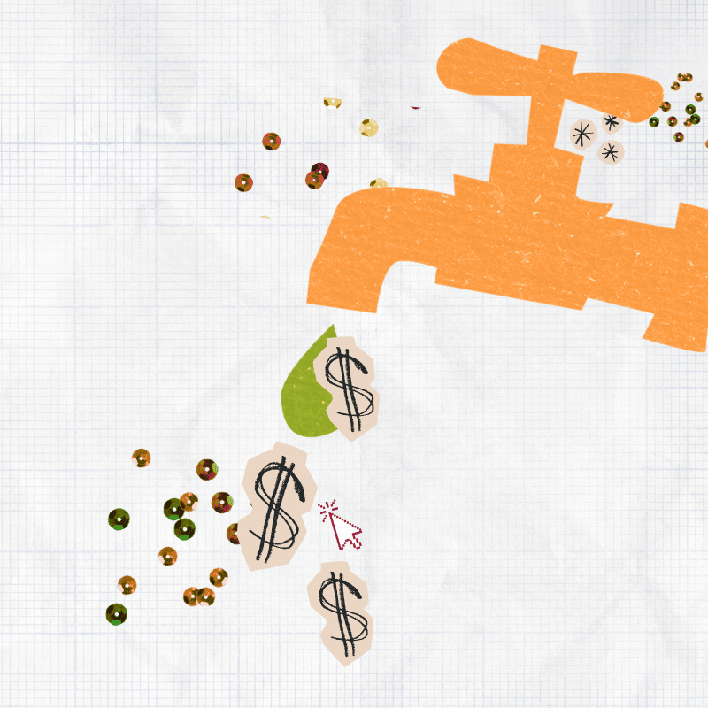 A collage of a faucet with dollar signs leaking out of it on a graph paper background, with sequins
