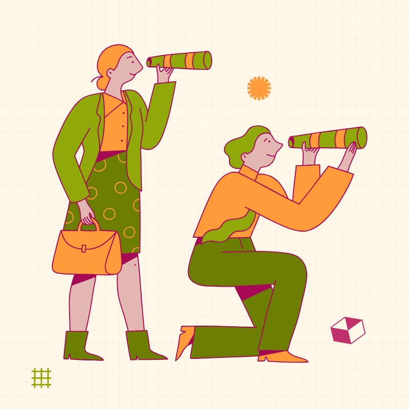 An illustration of a man and woman wearing green and orange, looking through telescopes on a light beige background. 