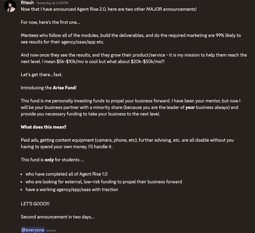 This is an announcement I made in the Agent Rise discord