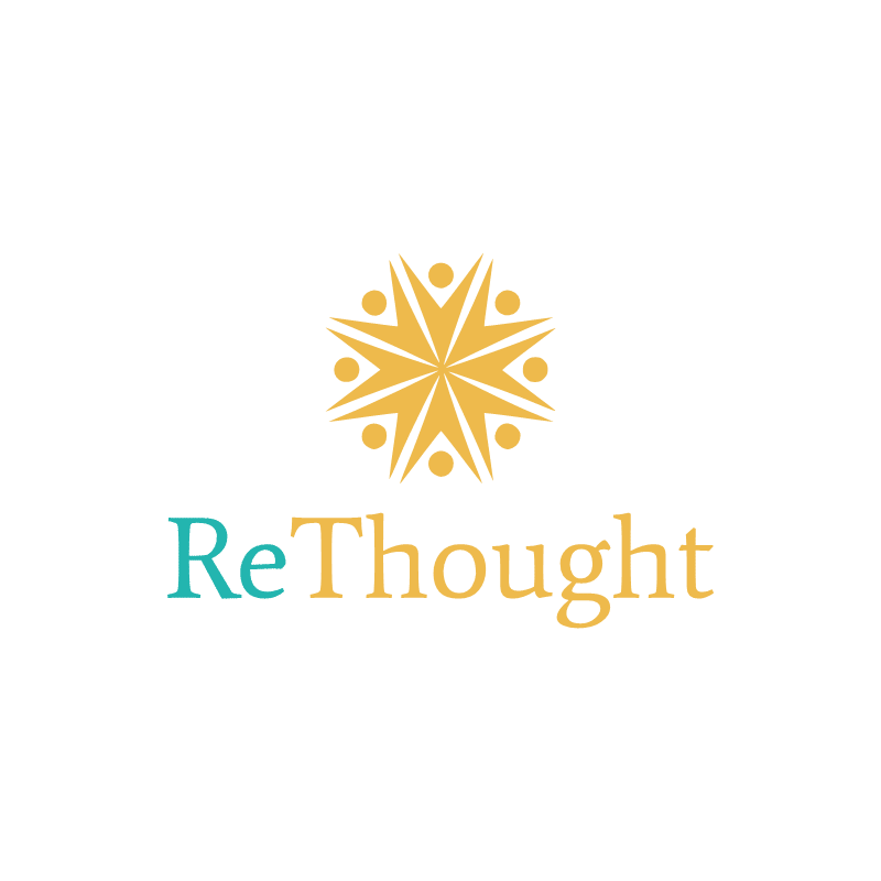logo for ReThought starbust with ReThought under starbust in yellow and teal colors