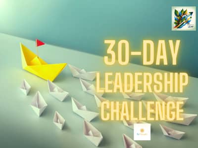 picture of large boat leading small boat with overlay text 30-day leadership challenge and ReThought LLC logo