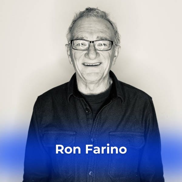 "Black and white photo of Ron Farino smiling warmly, set against a grey background with his name displayed in text, capturing his friendly and approachable nature."