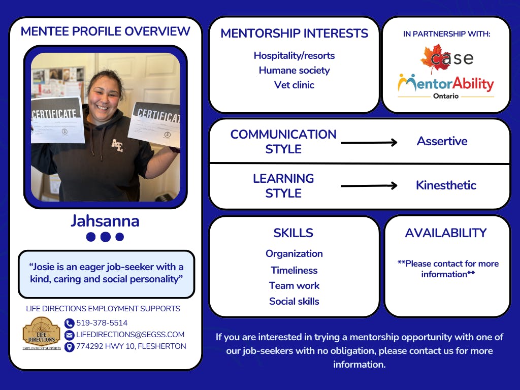 Mentee profile, image with mentorship interests, communication style, learning style, skills, availability.,