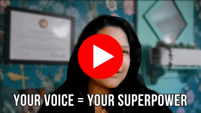 Your Voice = Your Superpower (teal office background, screenshot of Gail speaking, red YouTube play button)