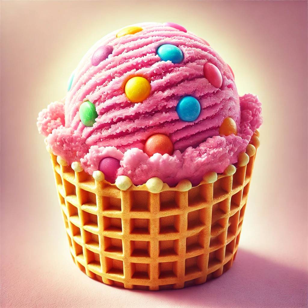 Pink bubble gum ice cream in a waffle cup (AI generated)