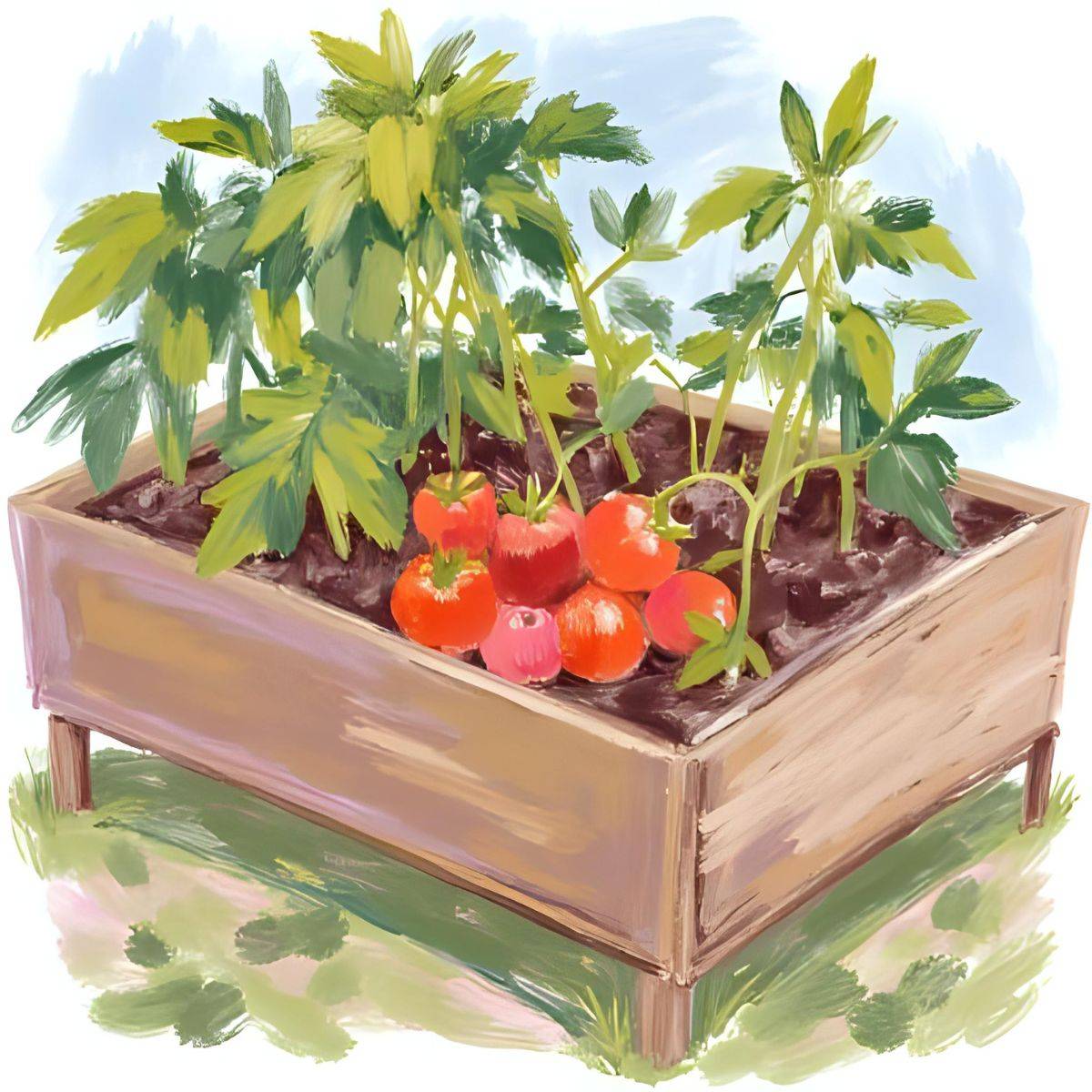painted image of a wooden garden bed full of thriving plants.