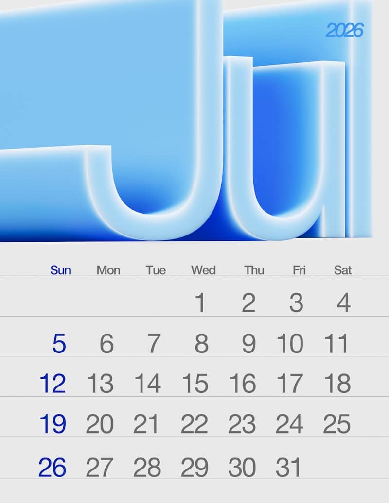 July 2026 calendar with abstract blue background