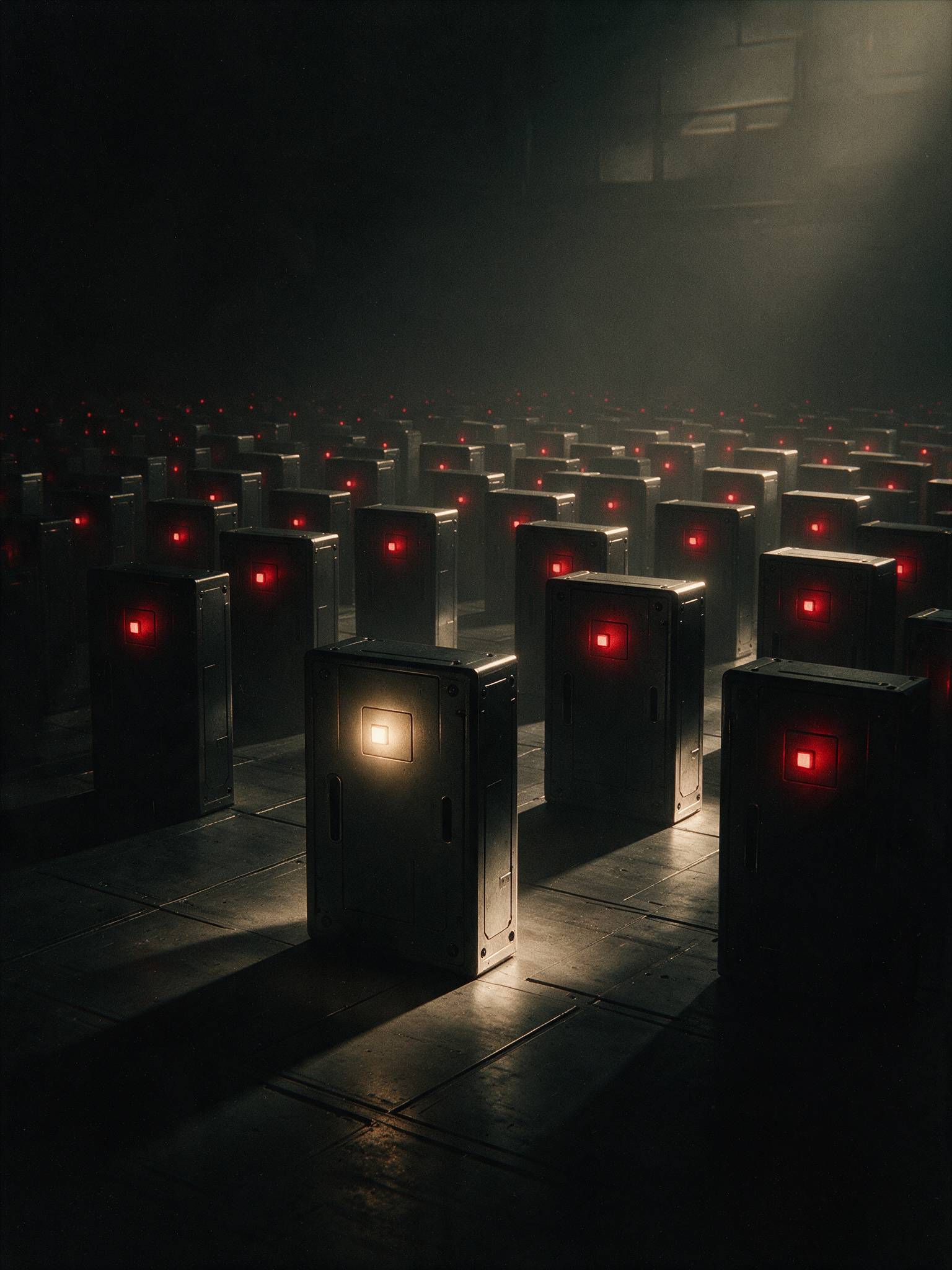 A dark hall of machines with red indicator lights, one glowing white.