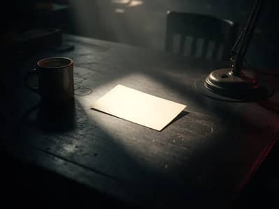 Noir illustration of a blank card on a dark desk beside a coffee mug and desk lamp