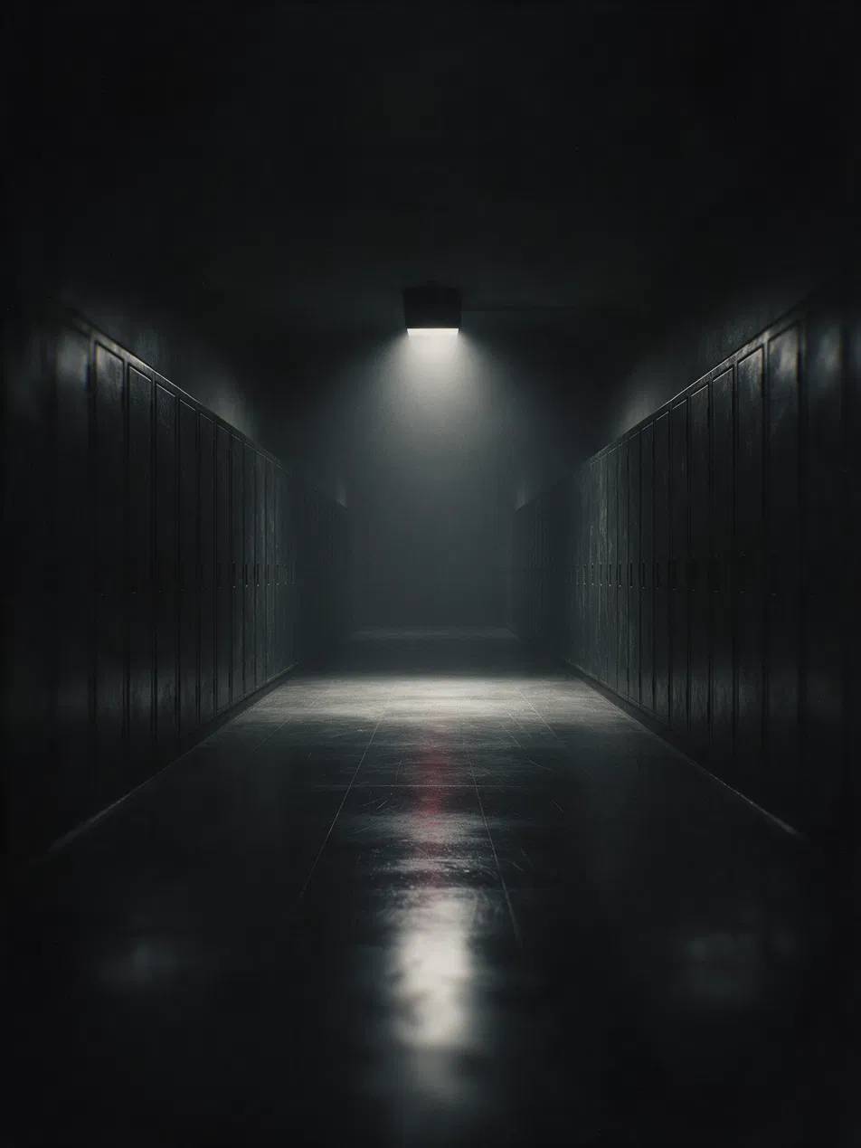 A dark school hallway lit by a single ceiling light.
