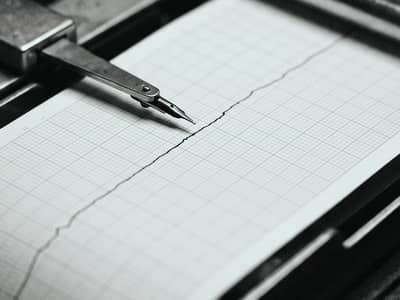 A polygraph stylus drawing a flat line on graph paper.
