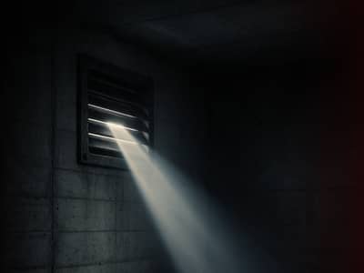 Dark concrete room, light escaping through a wall vent.