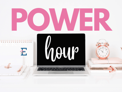"Power hour" on image of open laptop with a rose gold clocking standing on books next to it.