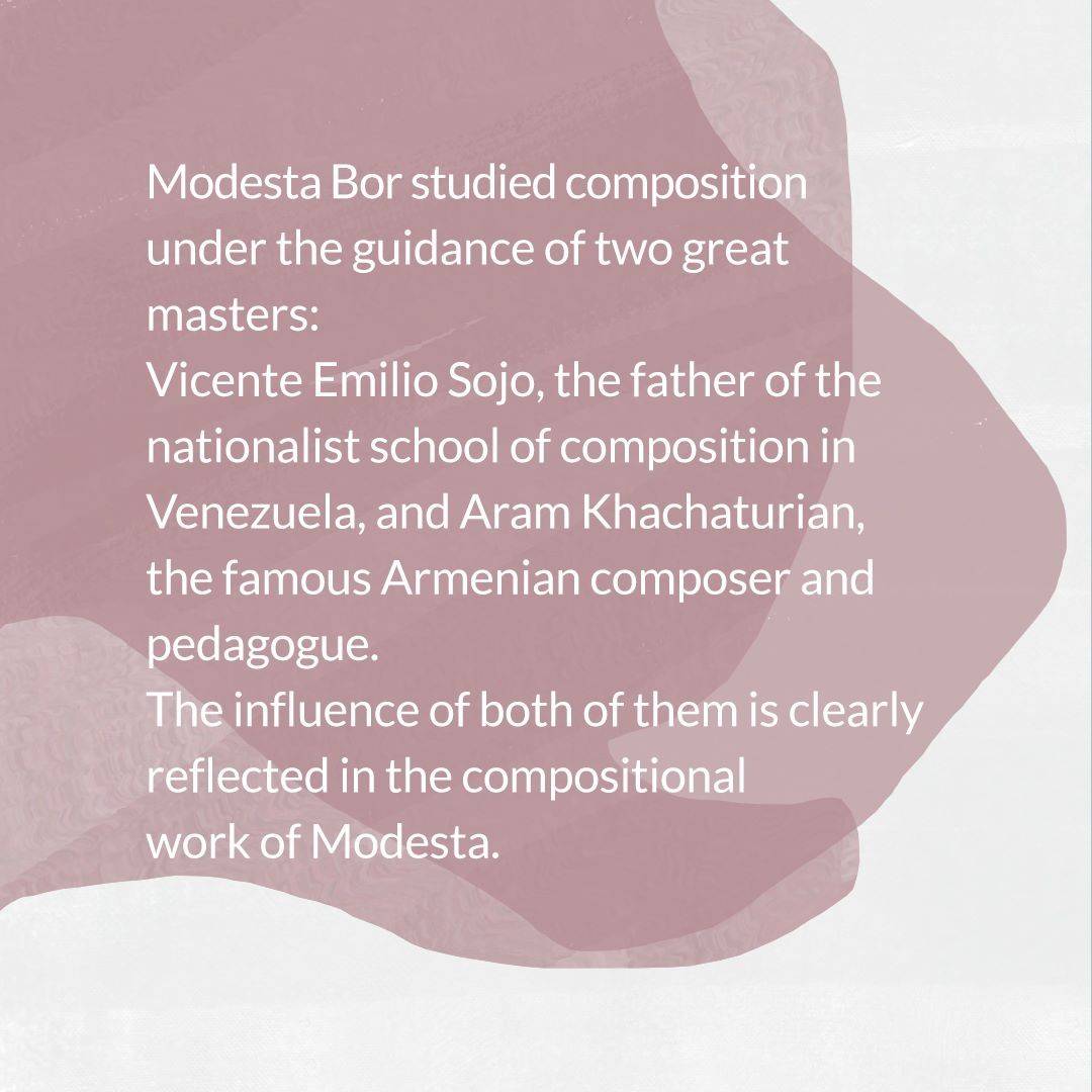 Modesta Bor studied composition under the guidance of two great masters: Vicente Emilio Sojo, the father of the nationalist school of composition in Venezuela, and Aram Khachaturian, the famous Armenian composer and pedagogue. The influence of both of them is clearly reflected in the compositional work of Modesta 
🇩🇪
Modesta Bor studierte Komposition unter der Anleitung von zwei großen Meistern: Vicente Emilio Sojo, der Vater der nationalistischen Kompositionsschule in Venezuela, und Aram Chatschaturjan, der berühmte armenische Komponist und Pädagoge. Der Einfluss der beiden spiegelt sich deutlich im kompositorischen Schaffen von Modesta Bor wider. 

🇪🇸Modesta Bor realizó sus estudios de composición bajo la guía de dos grandes maestros: Vicente Emilio Sojo, padre de la escuela nacionalista de composición en Venezuela y Aram Jachaturián, célebre compositor y pedagogo armenio. La influencia de ambos se ve claramente reflejada en la obra compositiva  de Modesta 

#regresoalmar #modestabor #composer #vicenteemiliosojo #aramchatschaturjan