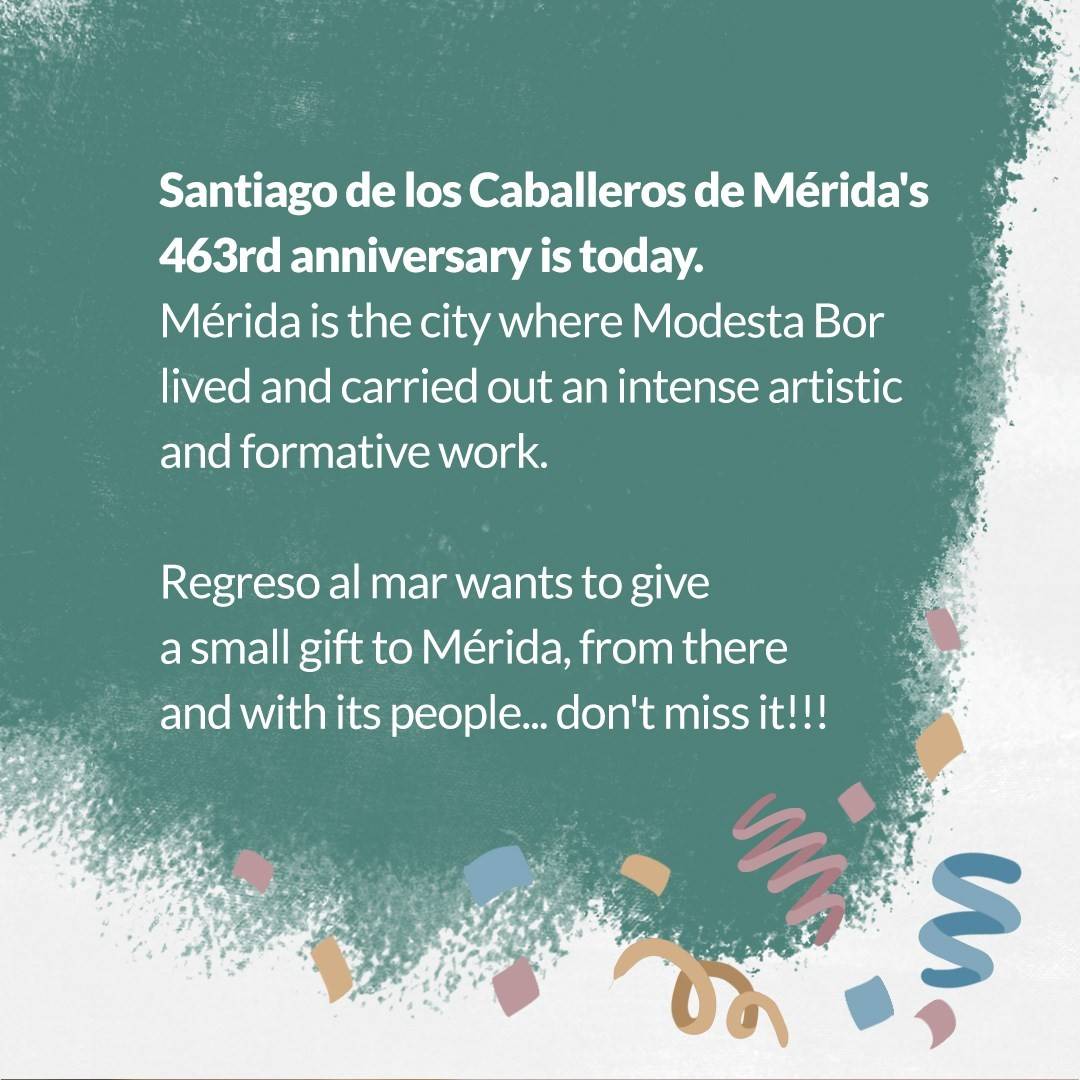 Today is Santiago de los Caballeros de Mérida's 463rd anniversary. This is the city where Modesta Bor lived and carried out intense artistic and formative work. Regreso al mar wants to give a small gift to Mérida, from Mérida and with people from Mérida...don't miss it!!!

🇩🇪
Heute ist der 463. Geburtstag von Santiago de los Caballeros de Mérida, der Stadt, in der Modesta Bor lebte und ein intensives künstlerisches und prägendes Werk vollbrachte. Regreso al mar möchte Mérida ein kleines Geschenk machen, von Mérida und mit Menschen aus Mérida... verpassen Sie es nicht!!!

🇪🇸
Hoy cumple 463 años Santiago de los Caballeros de Mérida, ciudad donde Modesta Bor vivió y realizó una intensa labor artística y formativa. Regreso al mar quiere dar un pequeño regalo a Mérida, desde Mérida y con gente de Mérida...no se lo pierdan!!!

#modestabor #regresoalmar #mérida #venezuela #composer #463aniv