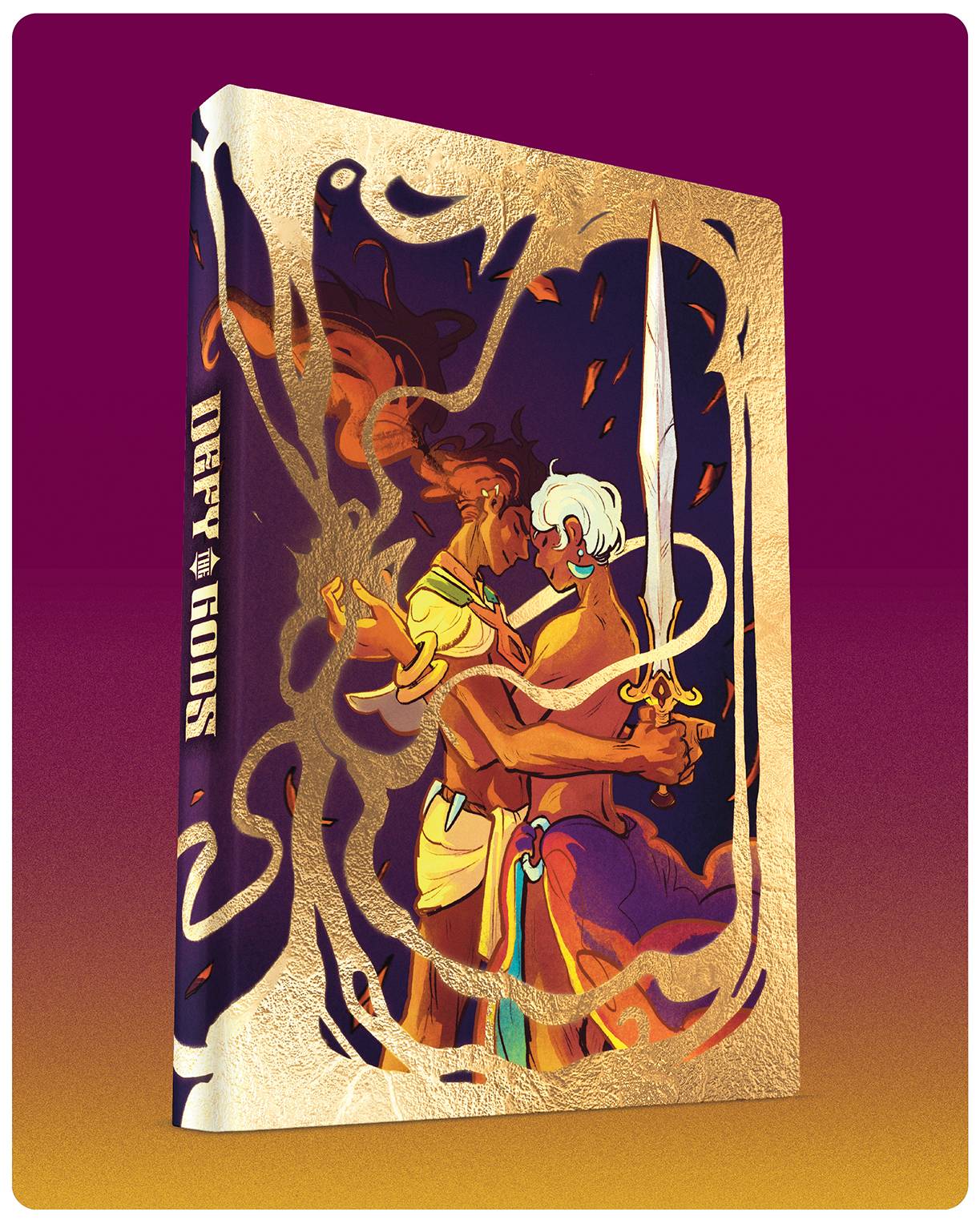 mockup of the special edition of Defy the Gods, showing two figures embracing and surrounded by gold foil.